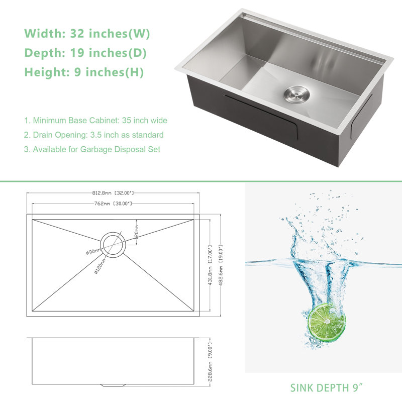32'' L Undermount Workstation Single Bowl Stainless Steel Kitchen Sink With Cutting Borad and Colander