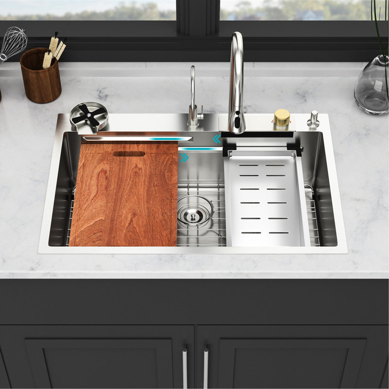 Évier de cuisine 33 * 22 pouces en acier inoxydable de calibre 16 avec robinet coulissant et laveuse à gobelets, fabrication T304 durable, conception unique en cascade 3 modes de débit, drain d'eau en X à guide rapide,
