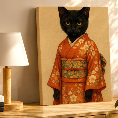 Chat noir dans un kimono floral, impression de style japonais, impression sur toile, art floral noir pour salon, bureau de chambre à coucher, mur de galerie d'entrée, loft