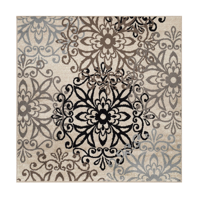 Tapis brun clair à motif floral médaillon résistant aux taches, Carré 8 pi