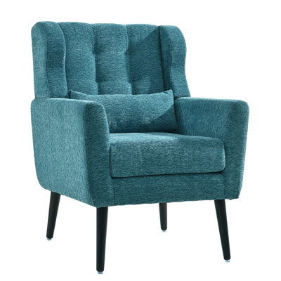 Fauteuil ergonomique Inglenook en chenille bleu sarcelle. Fabrication en bois, rembourrage en mousse pour un salon confortable. Ergonomique, bois, rembourrage, rembourrage