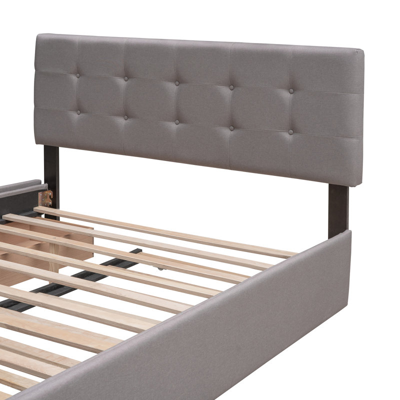 Lit plateforme tapissier avec tiroirs et lit gigogne, Gris clair
