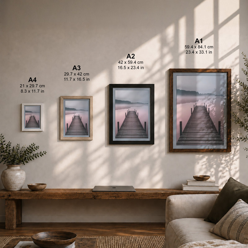 Jetty into Mist Scandinavian - Framed Print, A1 - 84.1 x 59.4 cm, Black