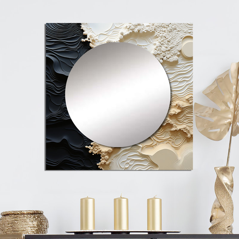 Peinture abstraite liquide crème et noire - miroir mural bord de mer carré pour chambre à coucher, 36 po x 36 po