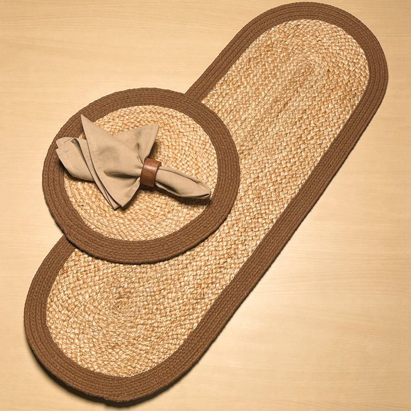 VERONA JUTE BORDER ROUND TABLE RUNNER, 13" x 36", Natural/Brown