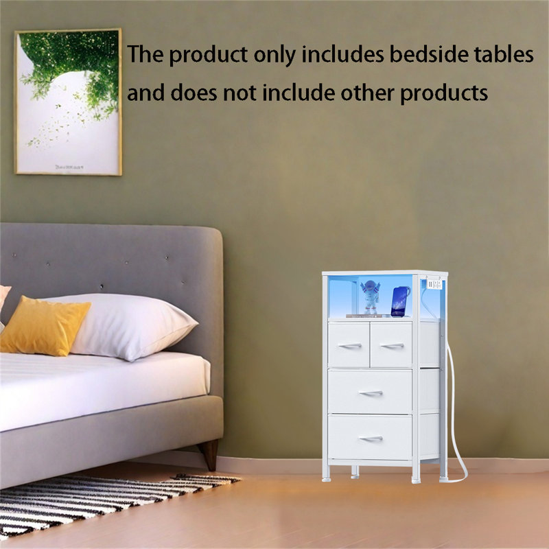 Multifunctional Bedside Table With Charging Station, LED Lights & Storage, White