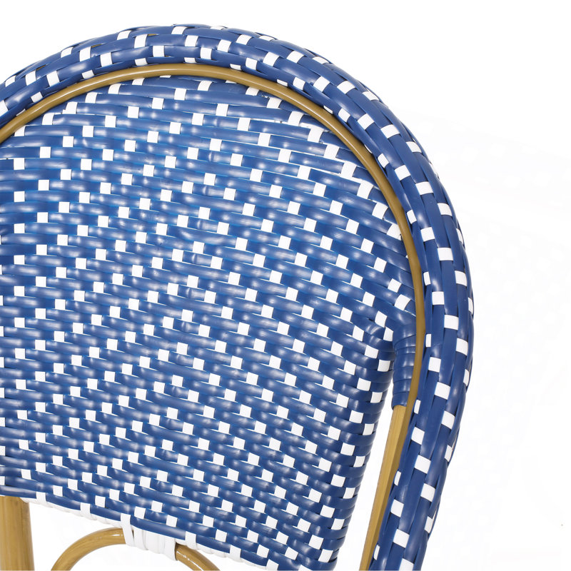 Tabouret de bar 29,5 po en rotin français d'extérieur, bleu sarcelle foncé et blanc, structure en aluminium avec finition en bambou (ensemble de 2)