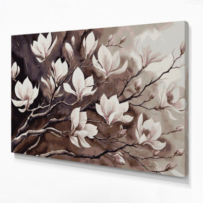 Botanical Magnolia Branches Beige Canvas Wall Art
