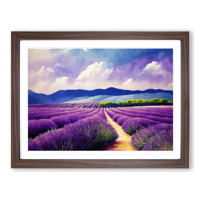 Lavender Field Watercolour Vol.2 - Single Picture Frame Print, 25cm H x 34cm W x 2cm D, Walnut Framed