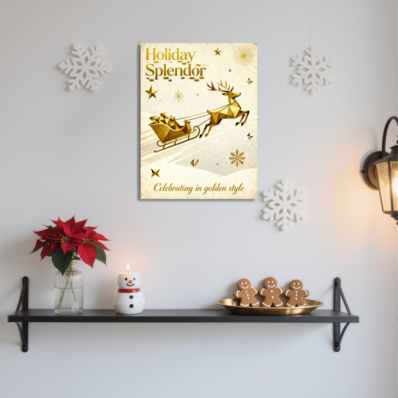 «Golden Reindeer Sleigh Holiday Splendor», reproduction d'art sur toile tendue sur toile, célébrant dans un style doré pour les décorations de Noël