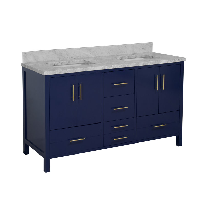 Ensemble de meuble-lavabo double 60 po Kiara, Bleu royal, Marbre de Carrare