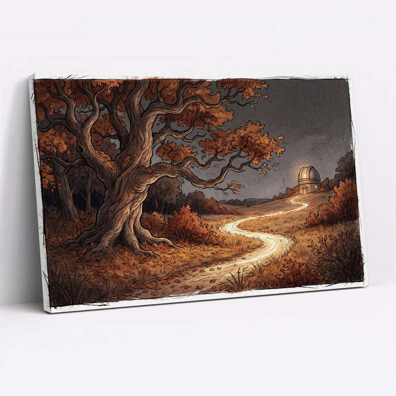 Arbre d'automne et chemin sinueux vers l'observatoire, art mural d'Halloween, H 36 po x l 48 po