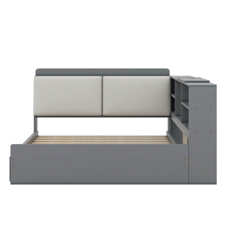 Lit plateforme en bois avec tête de lit, tablettes et 2 tiroirs, gris