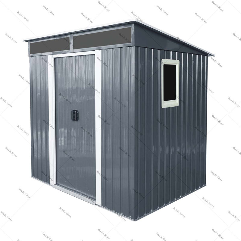 Outdoor Metal Storage Shed with Window and Transparent plate for Garden, Lawn, Black White, 71" H x 59.5" W x 77" D