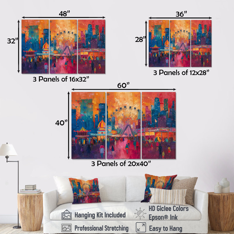 «Colorful Amusement Parks Carnival Colors» - ensemble d'art mural parcs d'attractions, Toile tendue