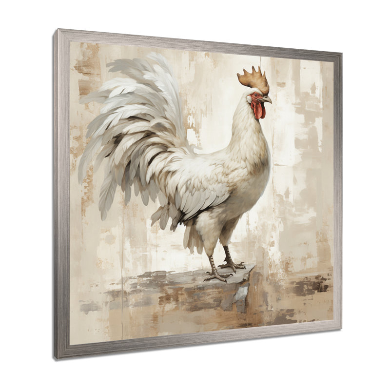 Rustic Rooster Wooden Peck II - Poulet, art mural, Cadre simple argenté, H 36 po x l 36 po x P 1,5 po