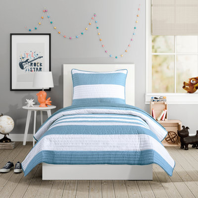 Lavelle Blue/White Stripe Reversible Microfiber Quilt Set