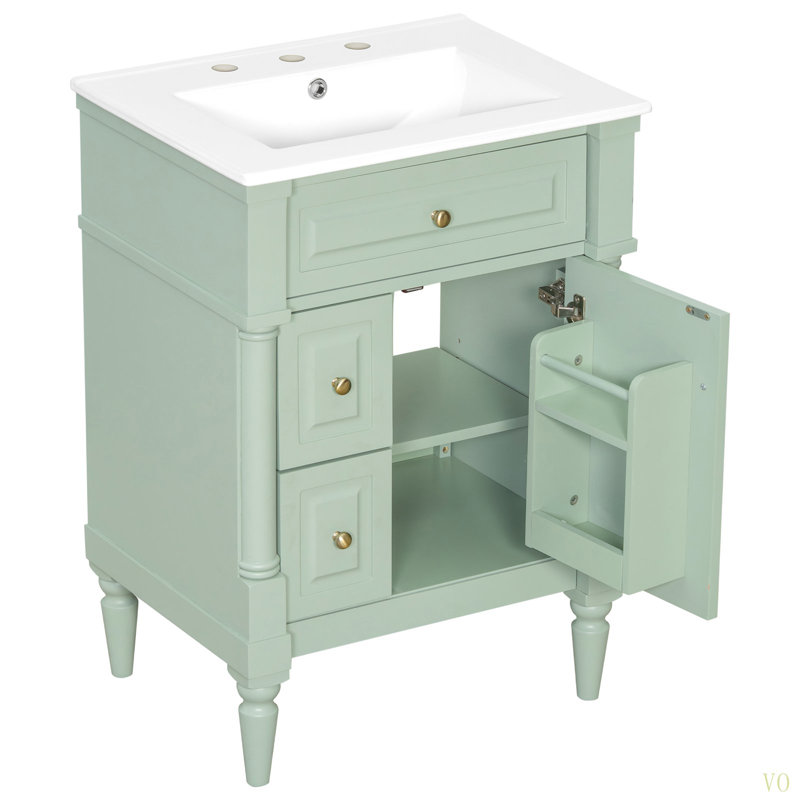 Armoire de salle de bain autoportante 24 po avec lavabo 24 po avec tiroir rabattable, tablette réglable, structure en bois d'hévéa massif, panneaux de fibres à densité moyenne et poignées en métal