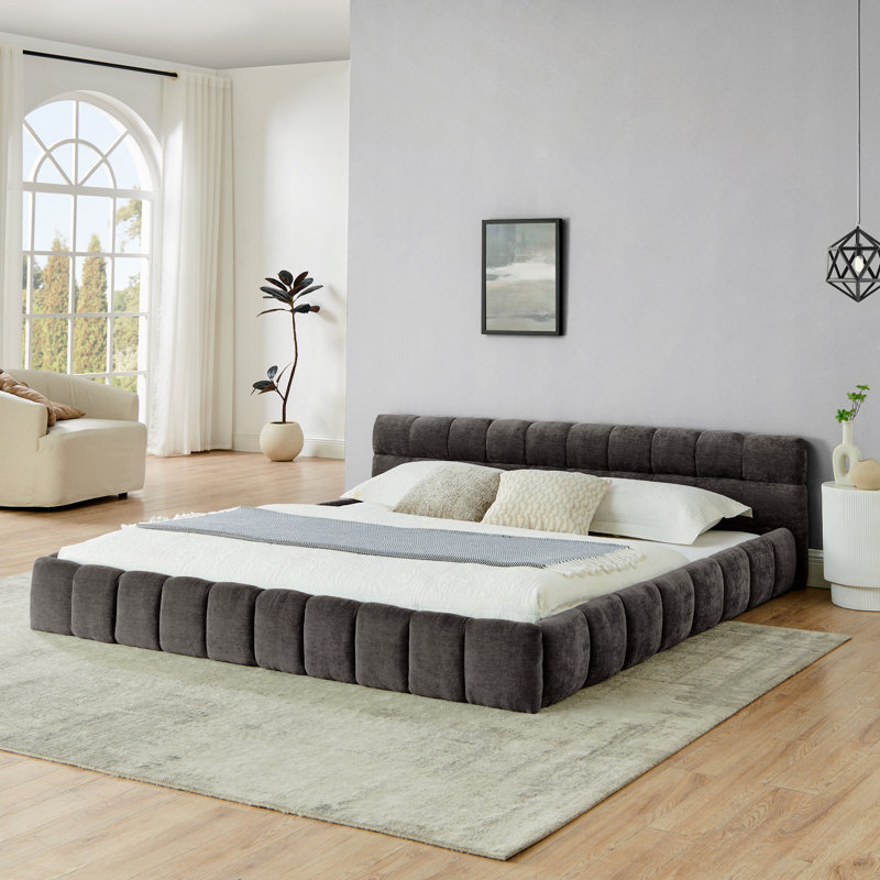 Structure de lit tapissier avec tissu épais, lit plateforme en chenille avec tête de lit et structure solide. Aucun sommier tapissier requis