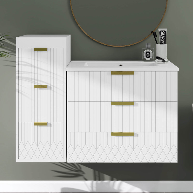 Meuble-lavabo mural 24 po avec armoire latérale, meuble-lavabo mural avec tiroirs de rangement à fermeture en douceur, Blanc