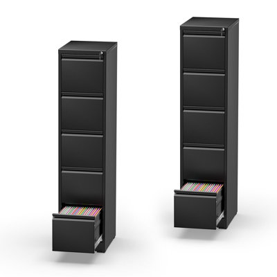 Ensemble de 2 classeurs verticaux noirs en métal à 5 tiroirs avec serrure, profil mince pour bureau personnel, tiroirs pleine extension pour dossiers format lettre A4