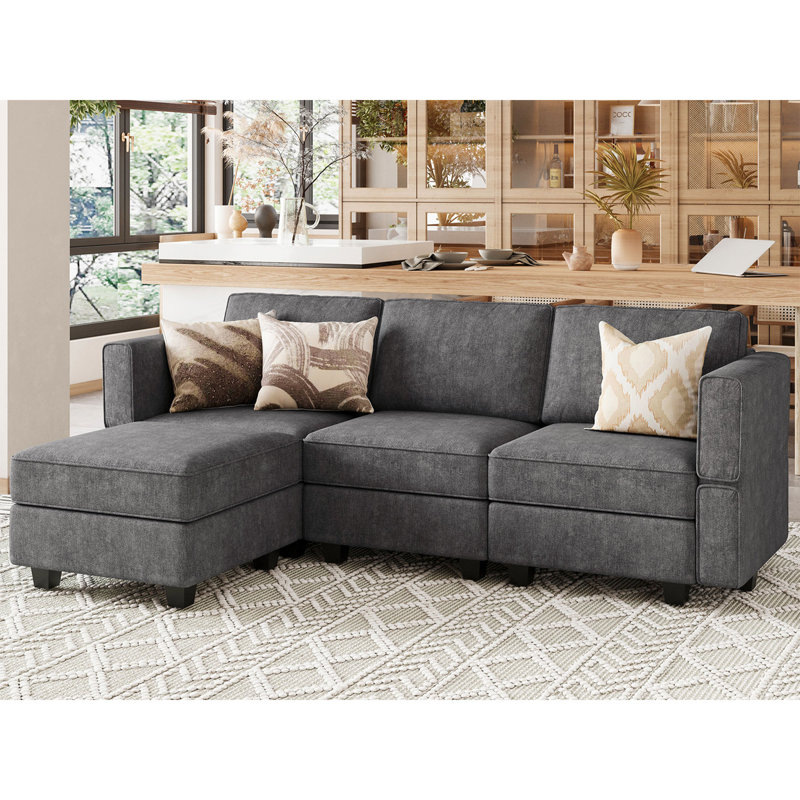 Nakash L-Shaped Sectional Modular Sofa with Storage Ottoman, Light Gray Microfiber