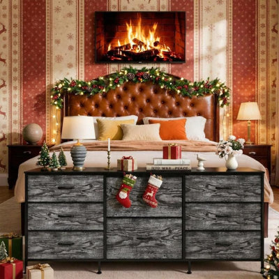 8 Drawer Fabric Dresser TV Stand with Wooden Top, Metal Frame Storage Chest, Wide Closet Organizer for Bedroom Living Room Hallway
