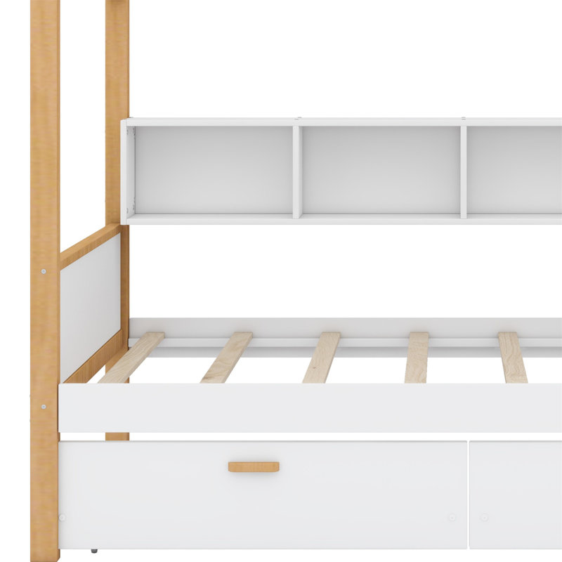 Lit maison avec deux tiroirs et espace de rangement pour bibliothèque