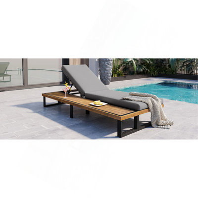 Outdoor Chaise Lounge Chair With 5-Position Adjustable Backrest, Reclining With Cushion, Patio Lounger With Wood Side Table, Sturdy Frame For Poolside, Garden, And Backyard