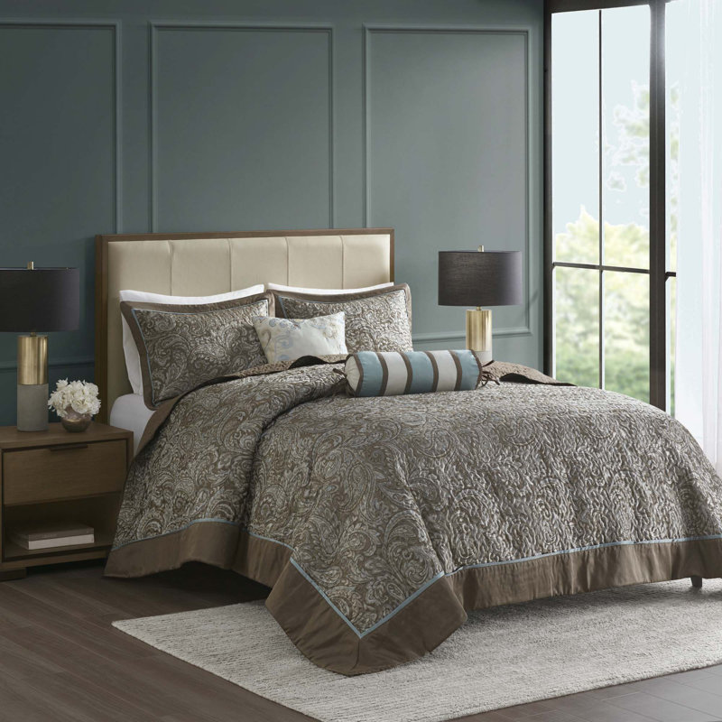 5 Piece Jacquard Bedspread Set With Throw Pillows, Queen Bedspread + 2 Standard Pillow Shams, Blue Brown