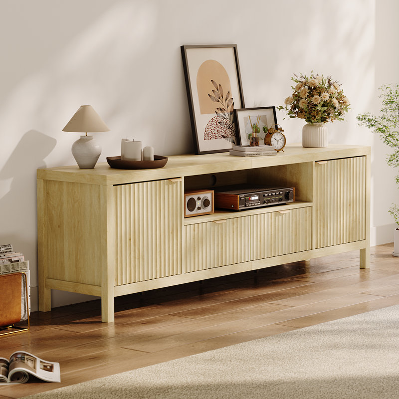 Meuble télé 70 po pour téléviseur de 75 po ou moins, console multimédia avec 2 tiroirs pour le salon