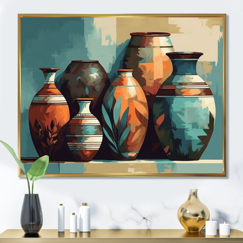 Vase en céramique orange et vert Soulazazma sur toile, H 34 po x l 44 po x P 1,5 po, Cadre flottant doré