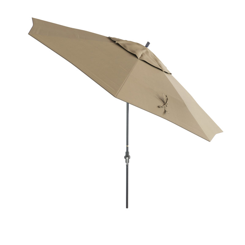 Parasol de patio gris 11 pieds avec manivelle en aluminium en oléfine champagne, Oléfine brun clair
