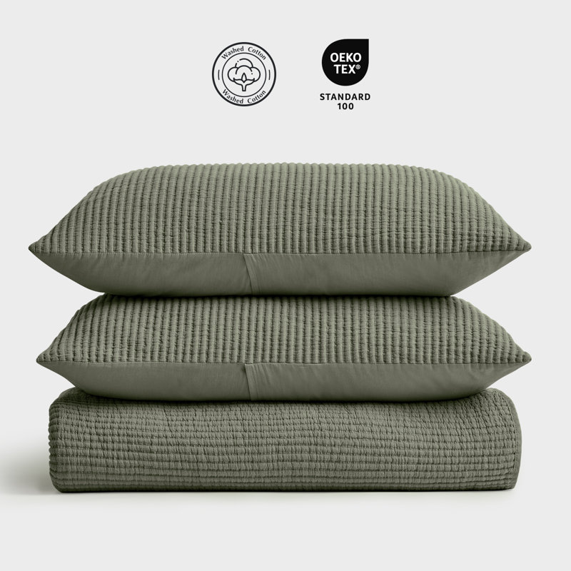 Ensemble de couvre-lit en coton côtelé matelassé, Courtepointe pour lit grand + deux taies décorati, Vert olive