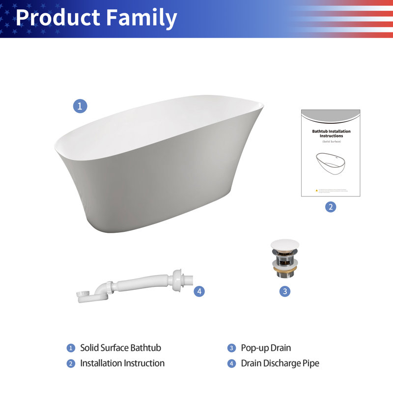 63" Freestanding Soaking Solid Surface Bathtub in White