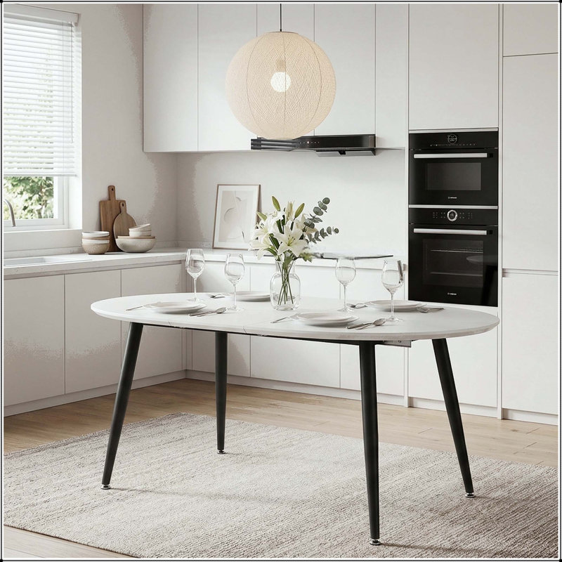 Round Extendable MDF Dining Table with Black Metal Legs