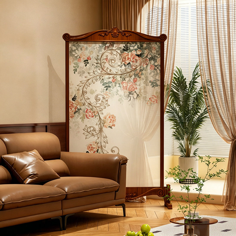 Paravent vintage floral en bois massif avec base fixe, 78.74" H x 39.37" W x 13.78" D