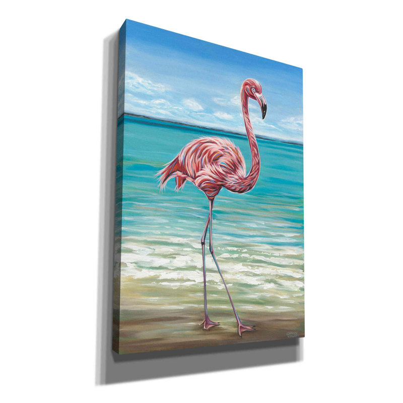 «Beach Walker Flamingo I» par - impression sur toile tendue, H 26 po x l 18 po x P 0,75 po