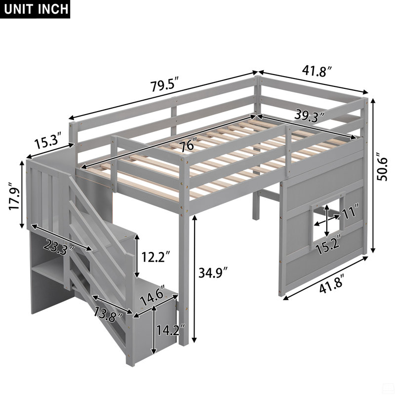 Lit mezzanine simple avec escalier de rangement et fenêtre, Gris