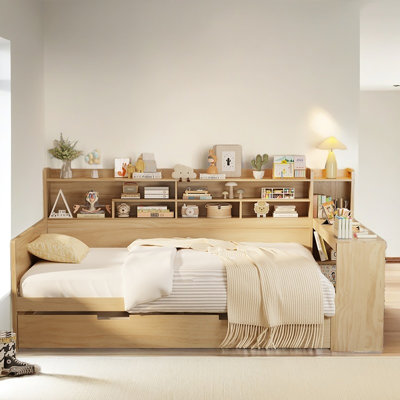 Multifunctional Modern Wooden Full Size Daybed With Storage Shelves, Study Desk And Twin Trundle Bed, by Hokku Designs