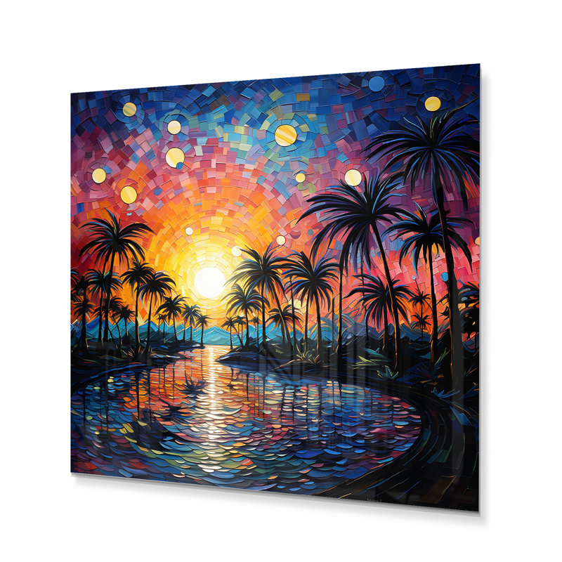 Palmiers, pointillisme tropical II - impression, 23" H x 23" W, Métal métal