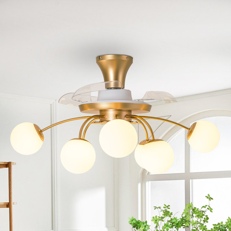 Ventilateur de plafond 8 lumières avec télécommande, Doré / Blanc
