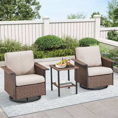 Ensemble de chaises berçantes pivotantes d'extérieur 3 pièces avec table d'appoint et chaises de patio coulissantes à accoudoirs larges pour porche ou terrasse