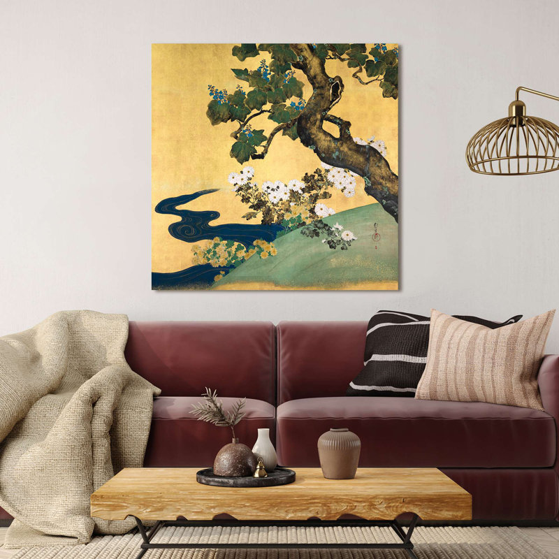 Japanese Print: Paulownias And Chrysanthemums - Wrapped Canvas Print, 40cm H x 40cm W