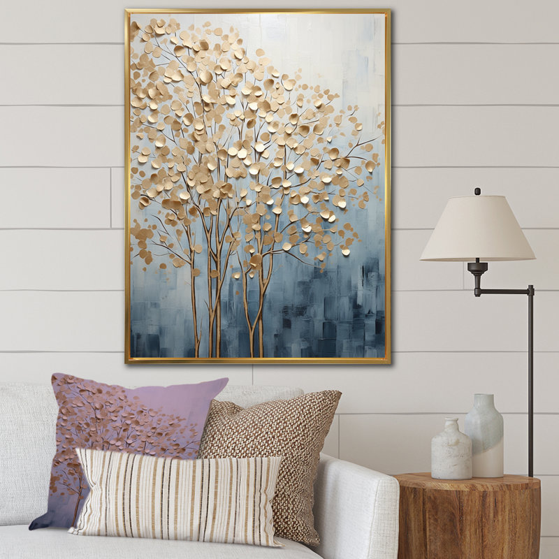 Minimalisme, arbres dorés et bleus scène VII - arbres, art mural, Cadre flottant doré, H 44 po x l 34 po x P 1,5 po