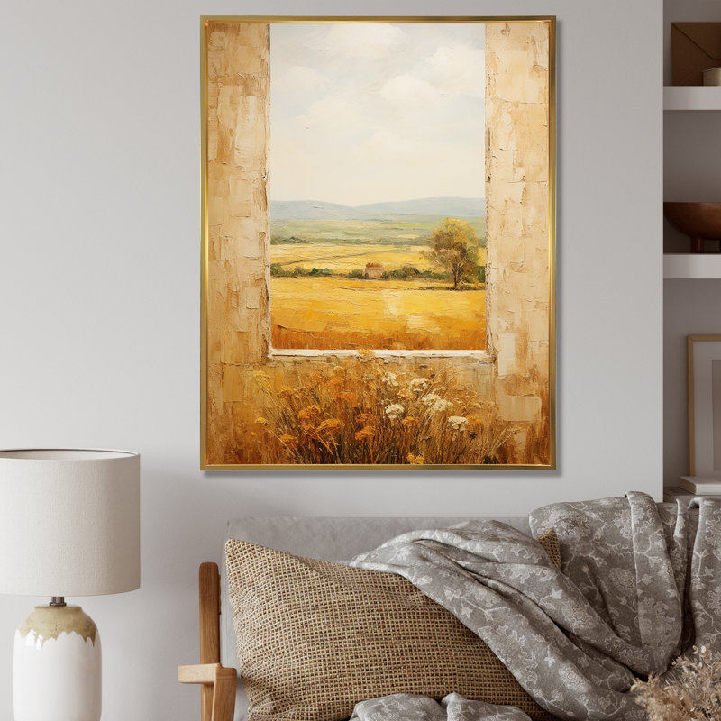 Été, pré, horizon, ferme, fenêtres I - ferme, fenêtres, art mural, Cadre flottant doré, H 44 po x l 34 po
