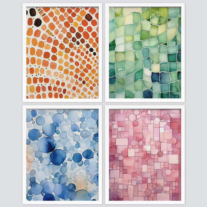 Aquarelle géométrique colorée à pois 4 pièces, H 14 po x l 11 po x P 1 po, Cadre blanc