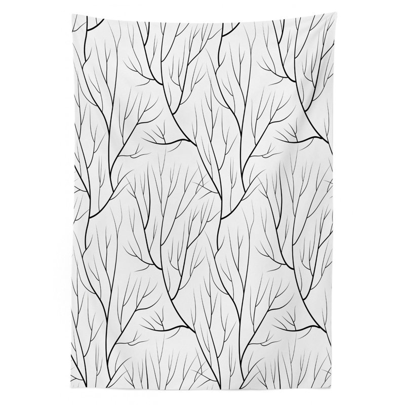 Ambesonne Winter Tablecloth, Winter Tree Without Leaves Nature Theme Delicate Branches Pattern Japanese Style, Rectangular Table Cover For Dining Room Kitchen Decor, 52" X 70", White Black