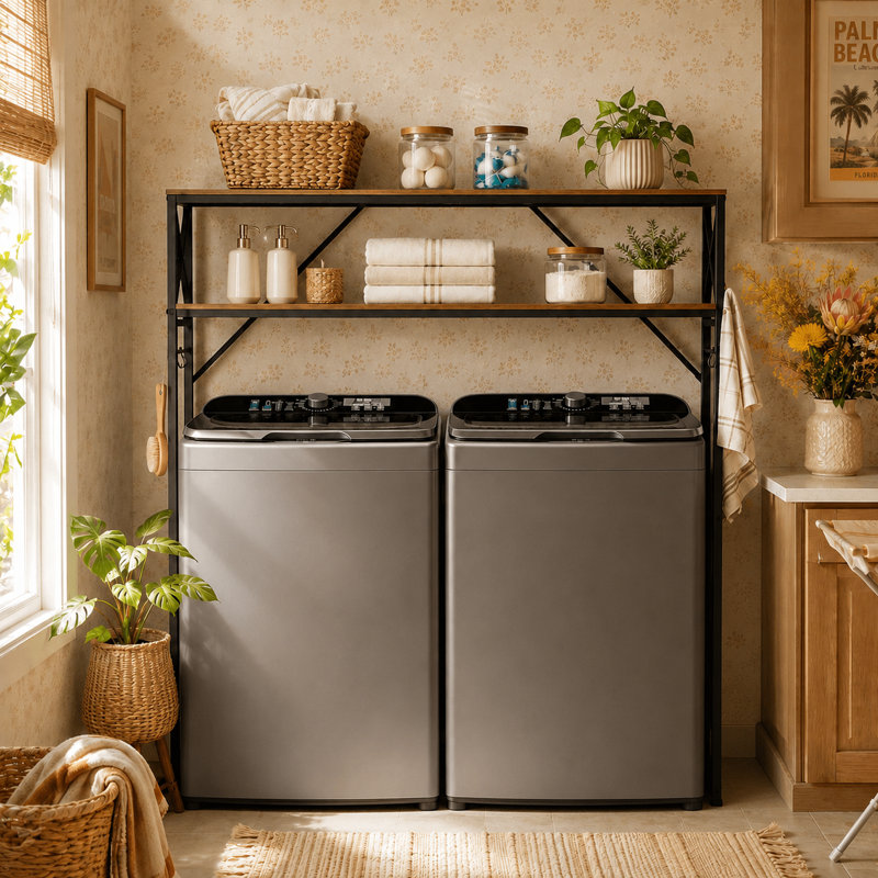 Tablettes à 2 niveaux pour laveuse et sécheuse, rangement pour salle de lavage avec tablettes réglables