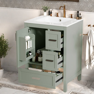 Space-saving Modern Vanity Cabinet With Ceramic Sink, Solid Wood Frame